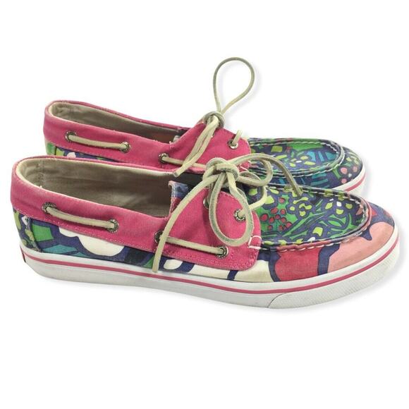 Sperry Top Sider Floral Print Cavas Bahama Boat Shoes Size 6 Womens Pink Green - Picture 1 of 8